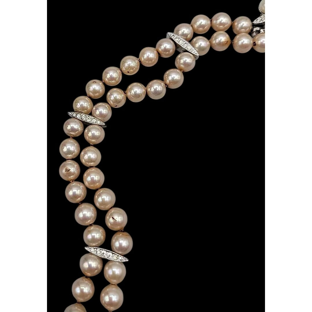 Vintage Panetta Double Strand Champagne Faux Pearl Bracelet Rhinestone Clasp