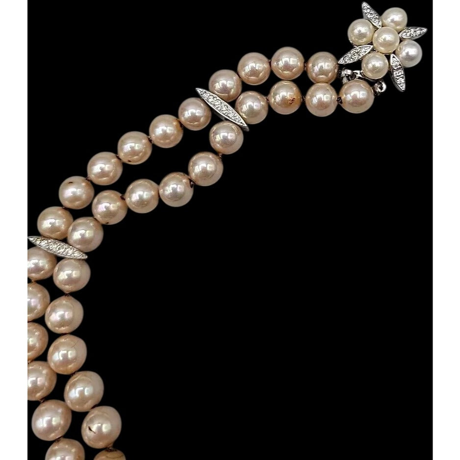 Vintage Panetta Double Strand Champagne Faux Pearl Bracelet Rhinestone Clasp