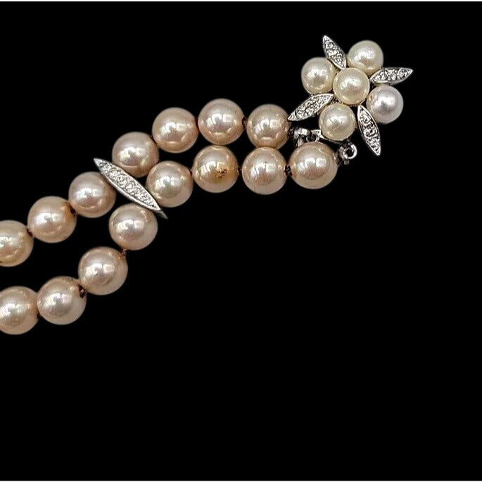 Vintage Panetta Double Strand Champagne Faux Pearl Bracelet Rhinestone Clasp