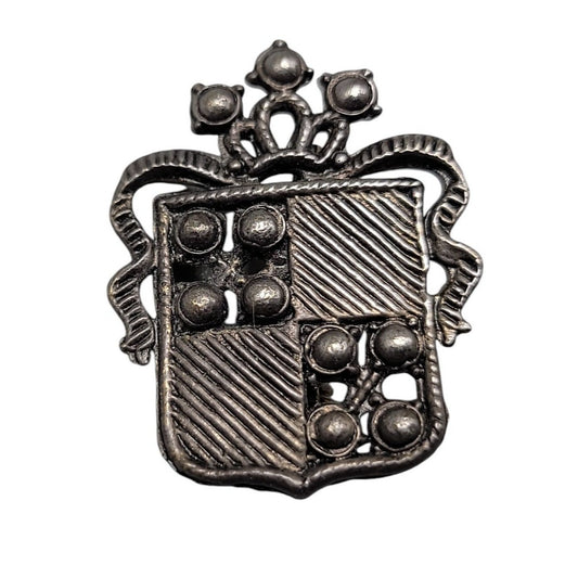 Vintage Detailed Heraldic Family Crest Brooch Silver Plated Cast Metal Shield