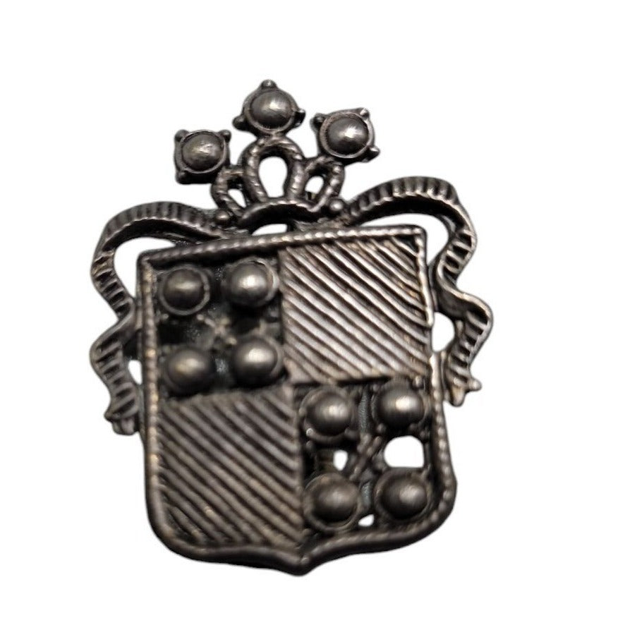 Vintage Detailed Heraldic Family Crest Brooch Silver Plated Cast Metal Shield