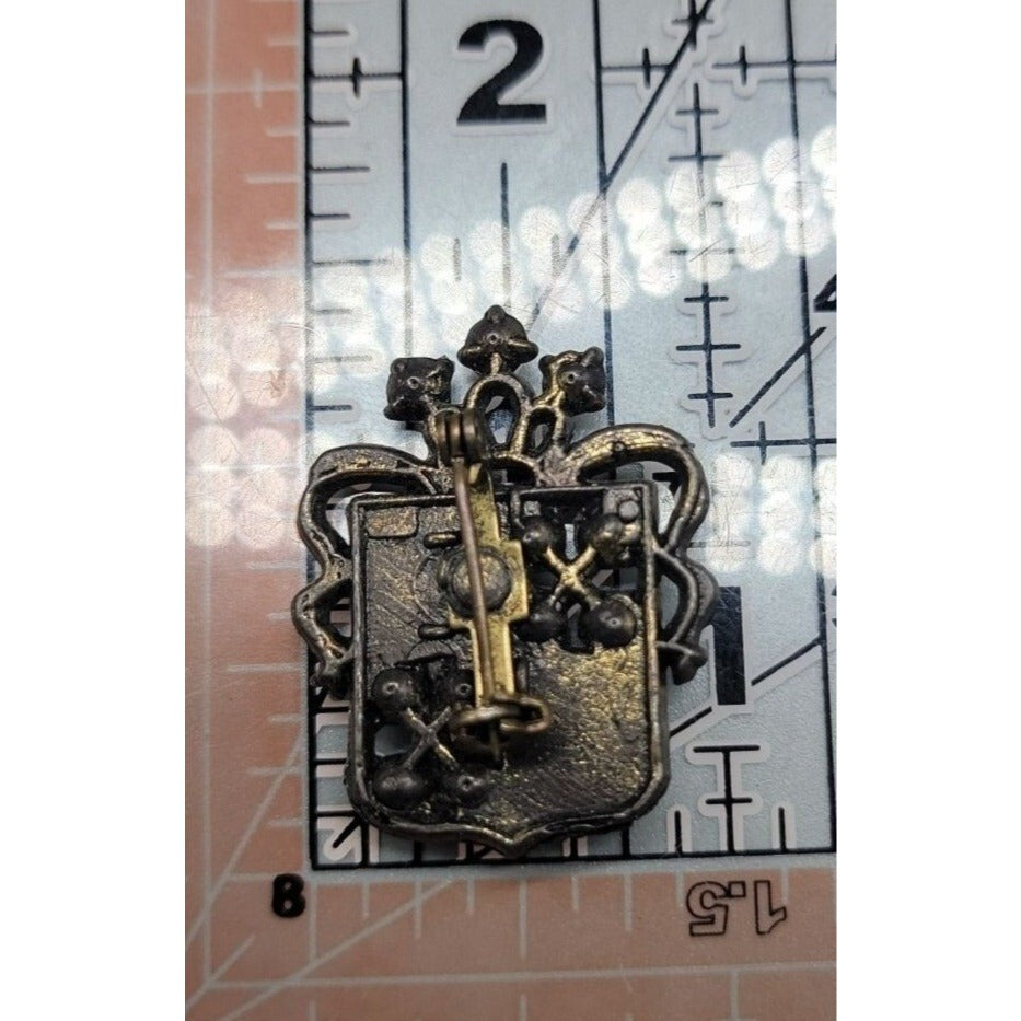 Vintage Detailed Heraldic Family Crest Brooch Silver Plated Cast Metal Shield