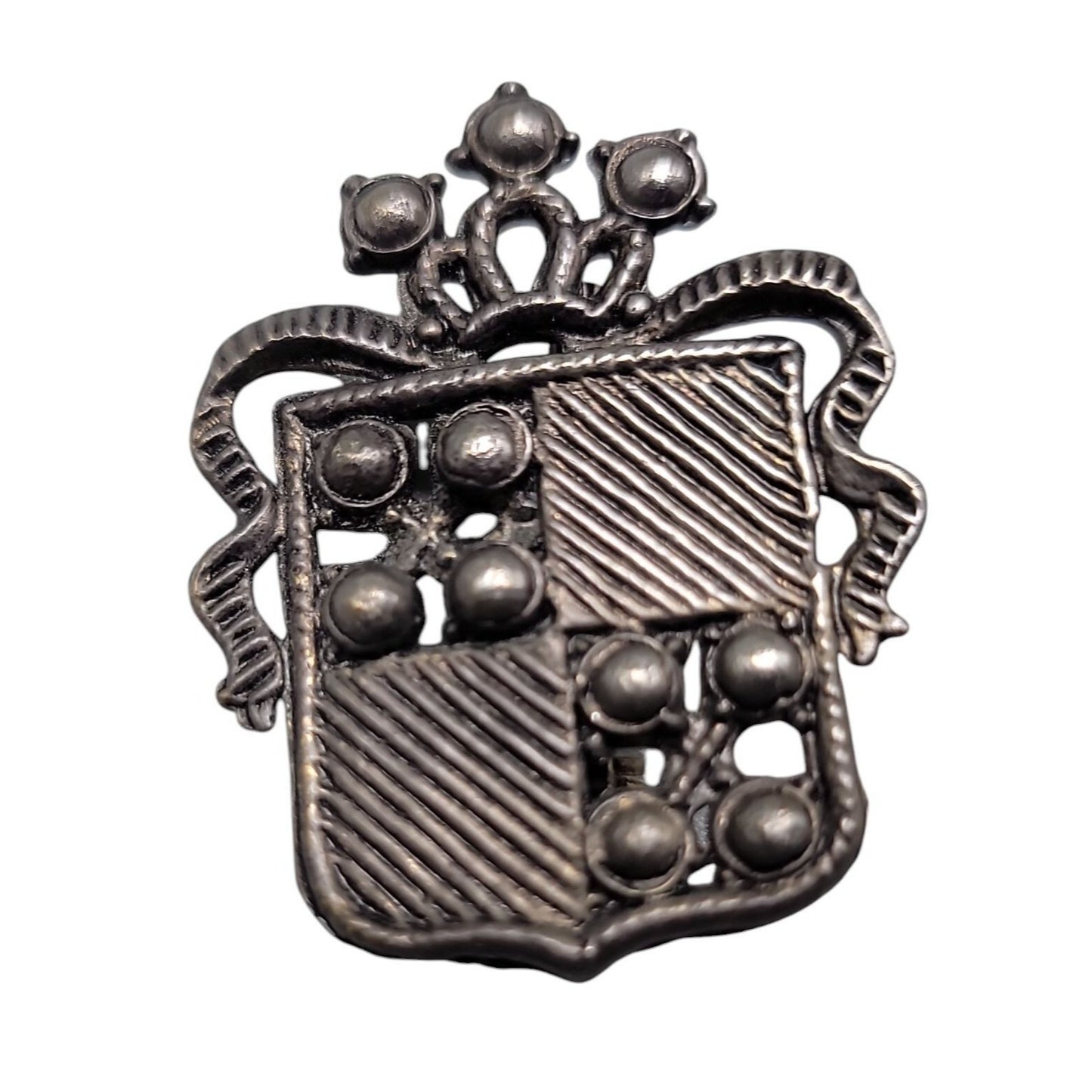 Vintage Detailed Heraldic Family Crest Brooch Silver Plated Cast Metal Shield