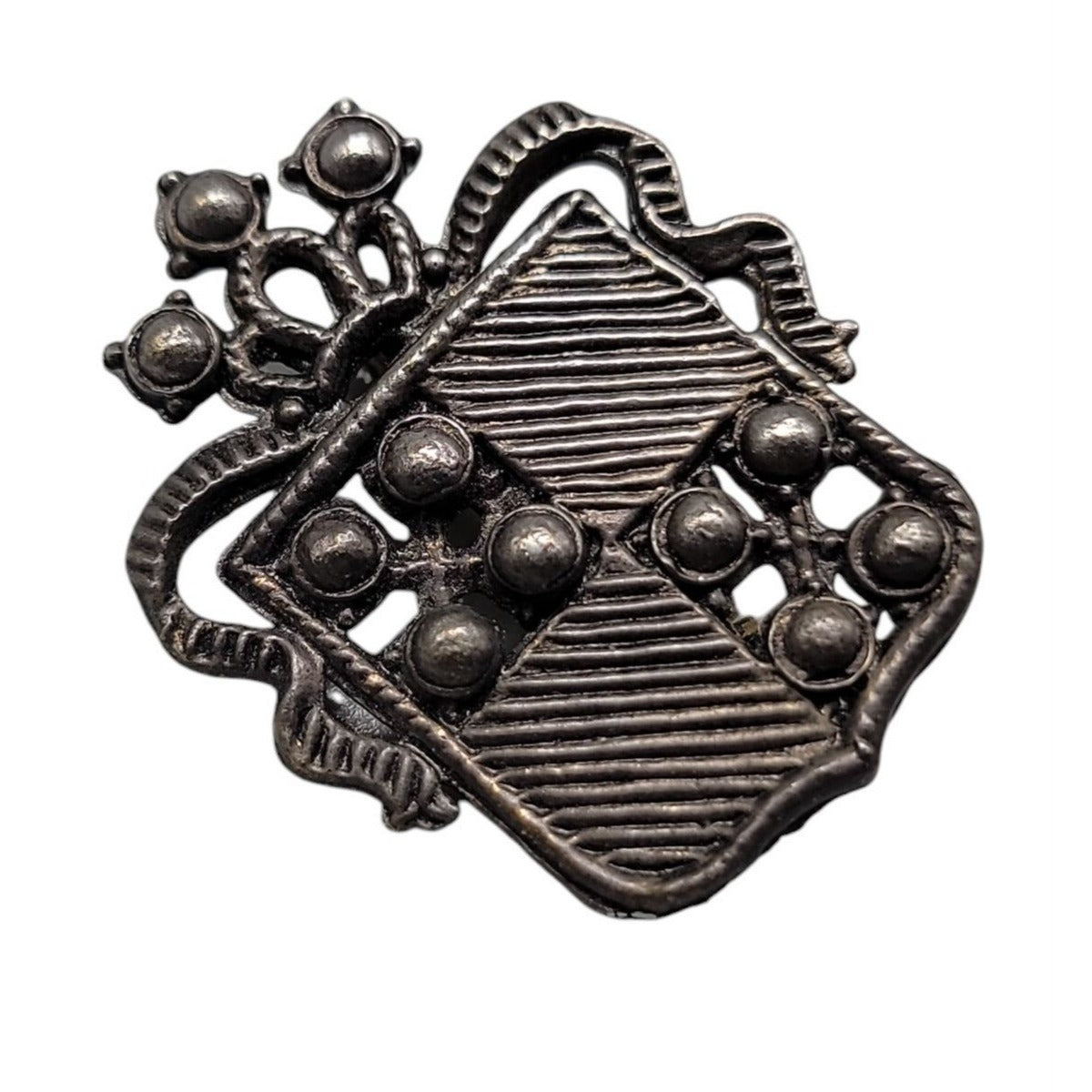 Vintage Detailed Heraldic Family Crest Brooch Silver Plated Cast Metal Shield