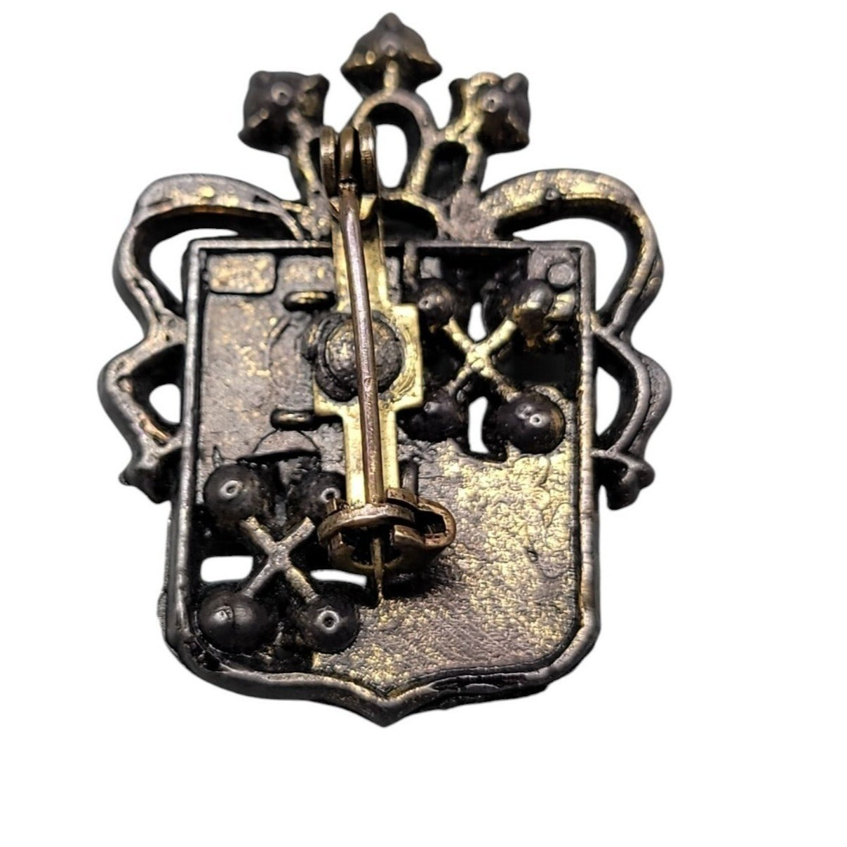 Vintage Detailed Heraldic Family Crest Brooch Silver Plated Cast Metal Shield