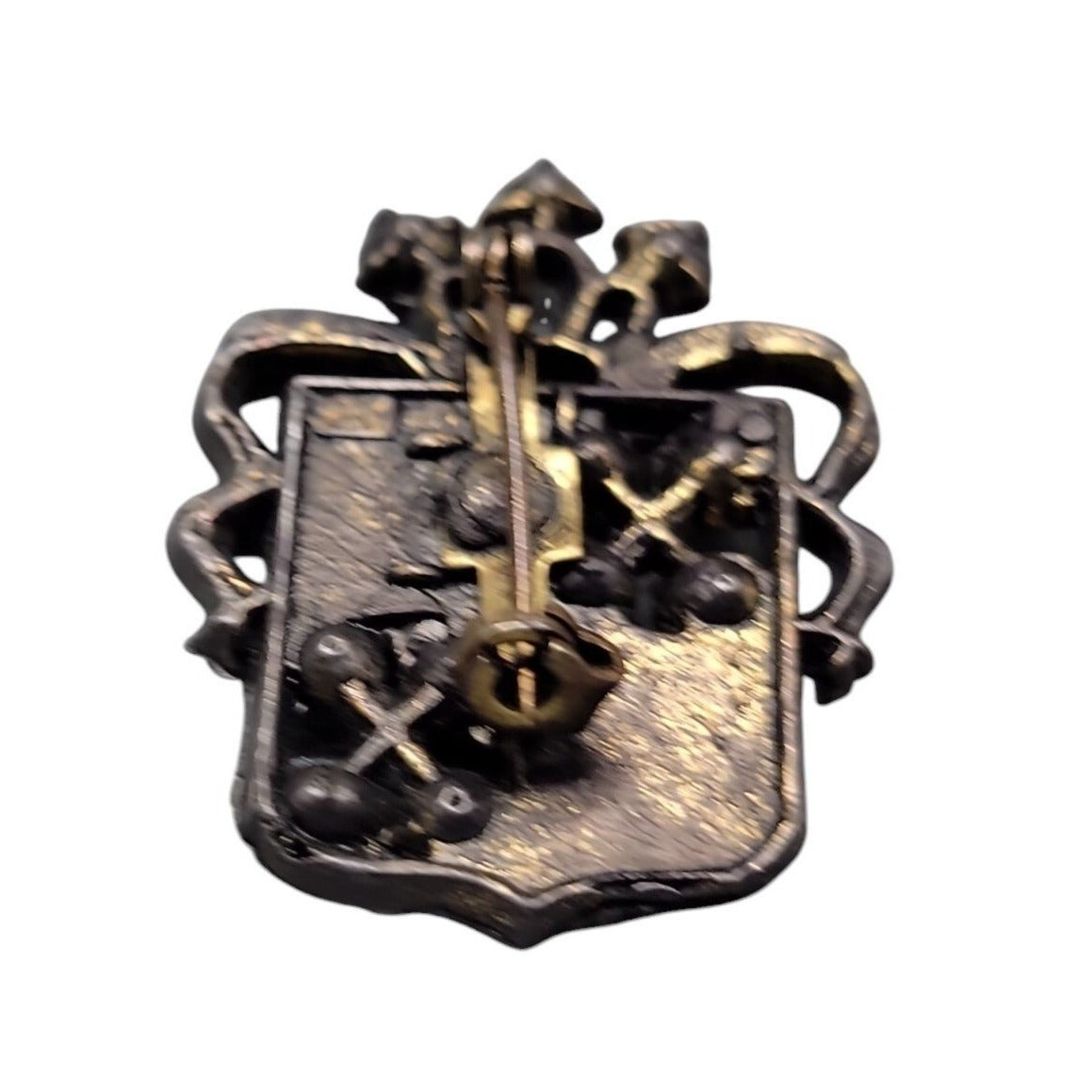 Vintage Detailed Heraldic Family Crest Brooch Silver Plated Cast Metal Shield