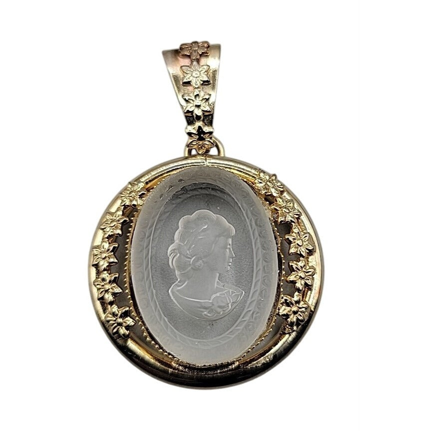 Vintage Glass Cameo Pendant Gold Tone Floral Frame Intaglio Victorian Style