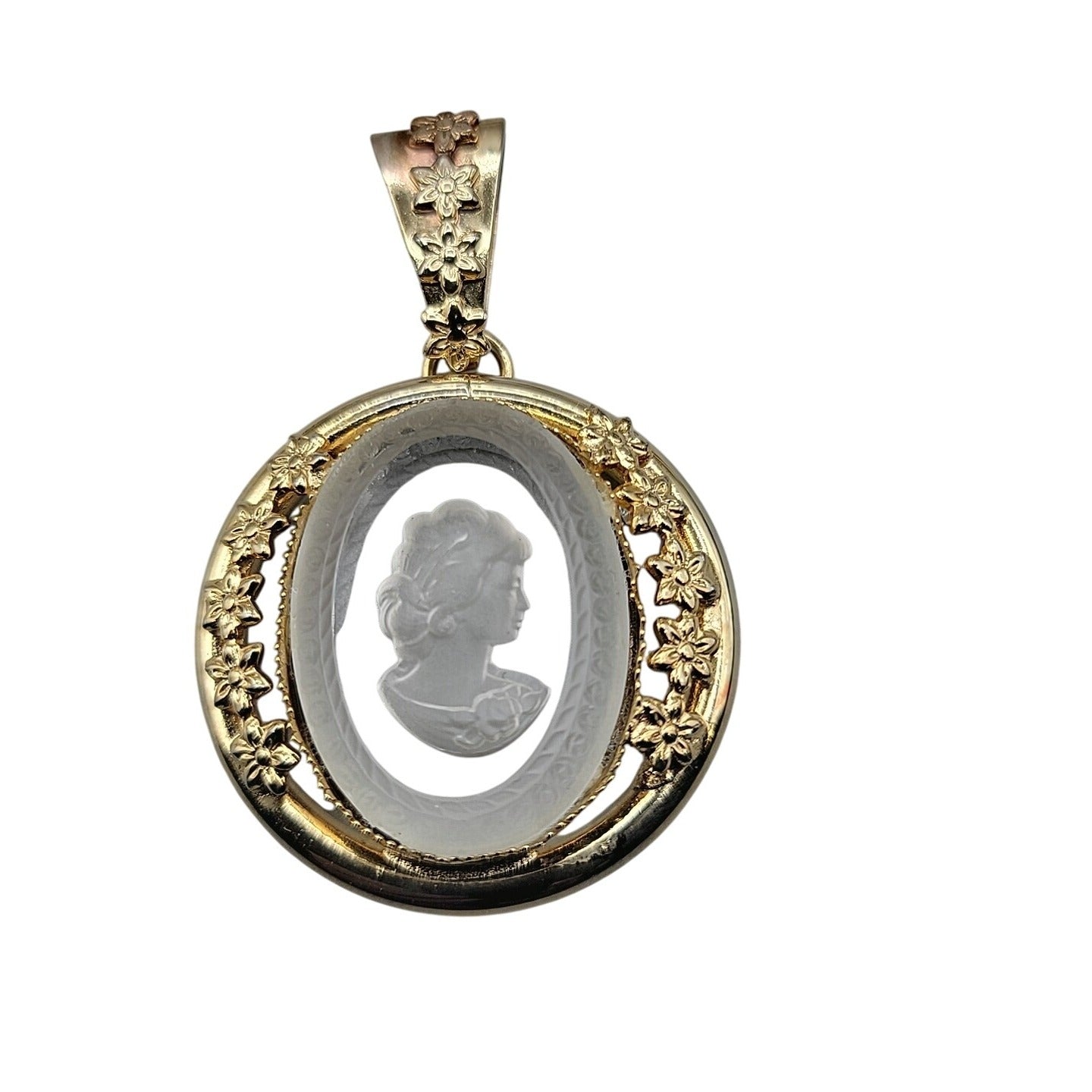 Vintage Glass Cameo Pendant Gold Tone Floral Frame Intaglio Victorian Style