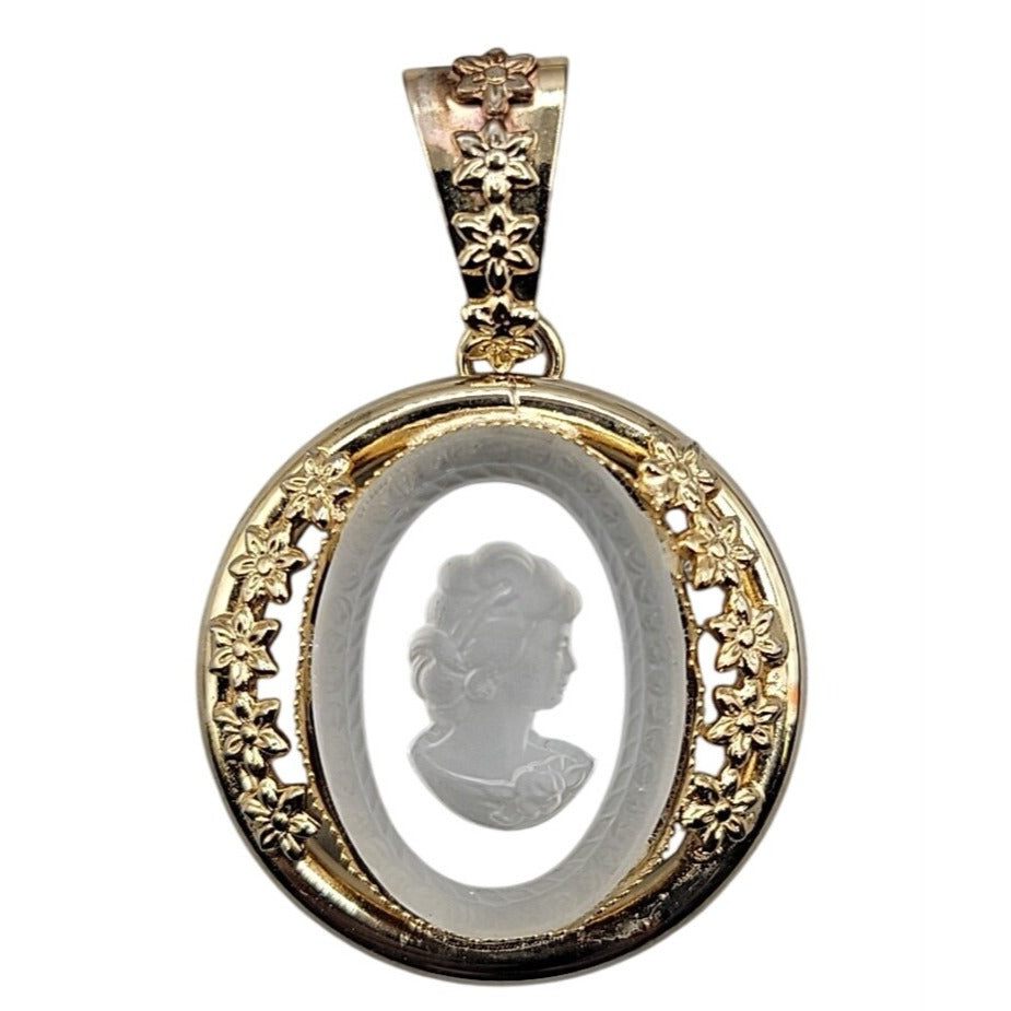 Vintage Glass Cameo Pendant Gold Tone Floral Frame Intaglio Victorian Style