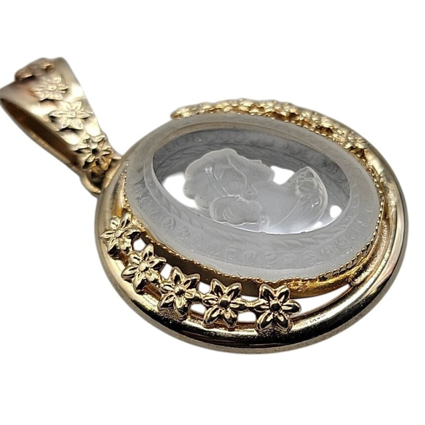 Vintage Glass Cameo Pendant Gold Tone Floral Frame Intaglio Victorian Style