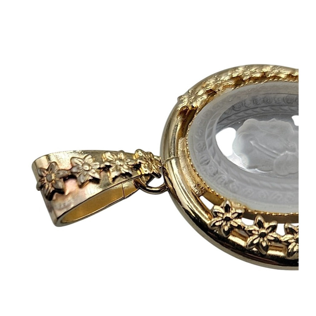 Vintage Glass Cameo Pendant Gold Tone Floral Frame Intaglio Victorian Style