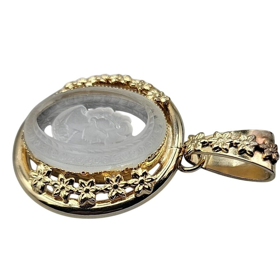 Vintage Glass Cameo Pendant Gold Tone Floral Frame Intaglio Victorian Style