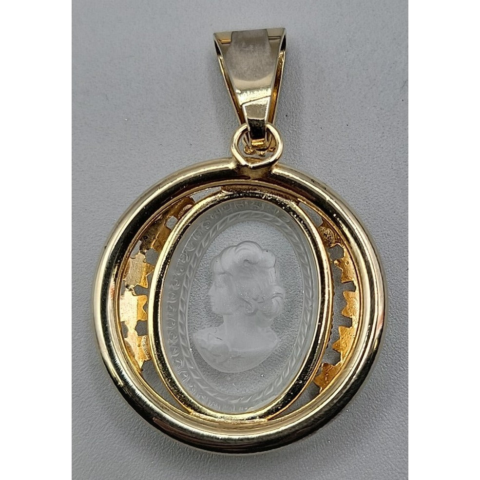 Vintage Glass Cameo Pendant Gold Tone Floral Frame Intaglio Victorian Style
