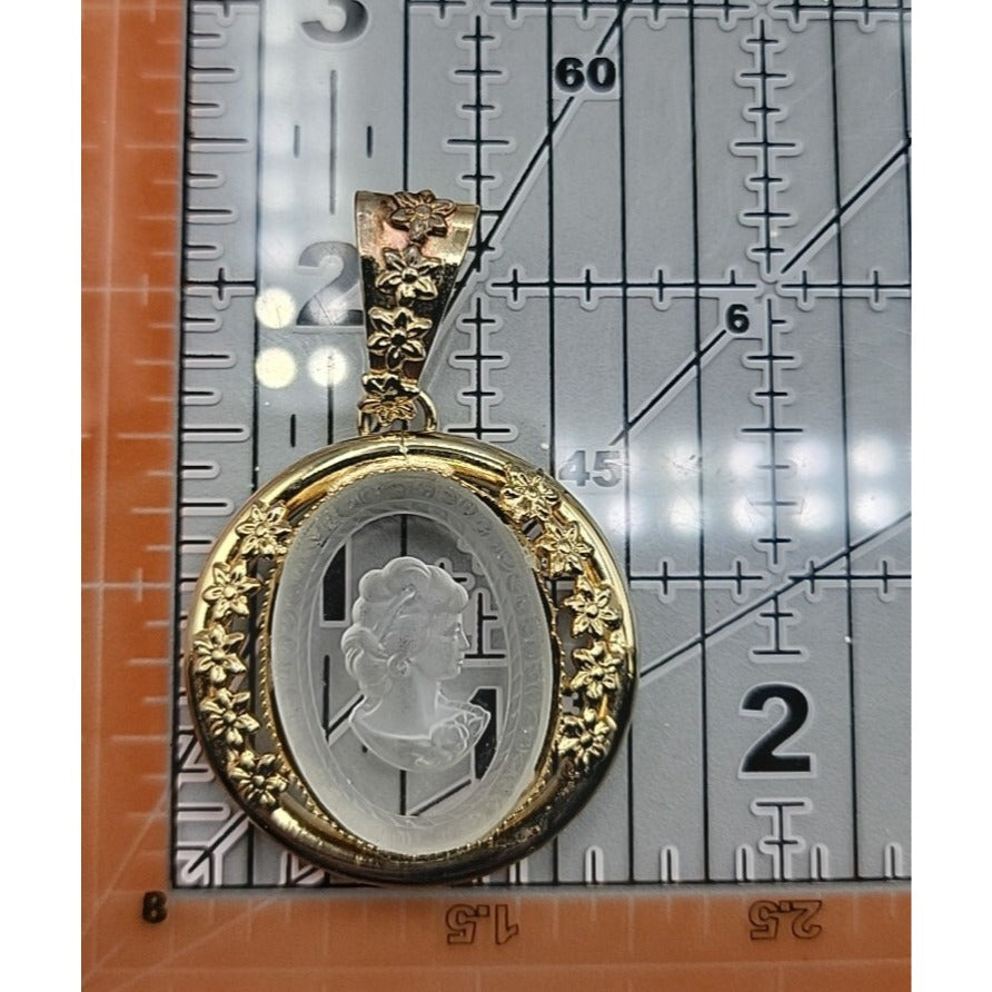 Vintage Glass Cameo Pendant Gold Tone Floral Frame Intaglio Victorian Style