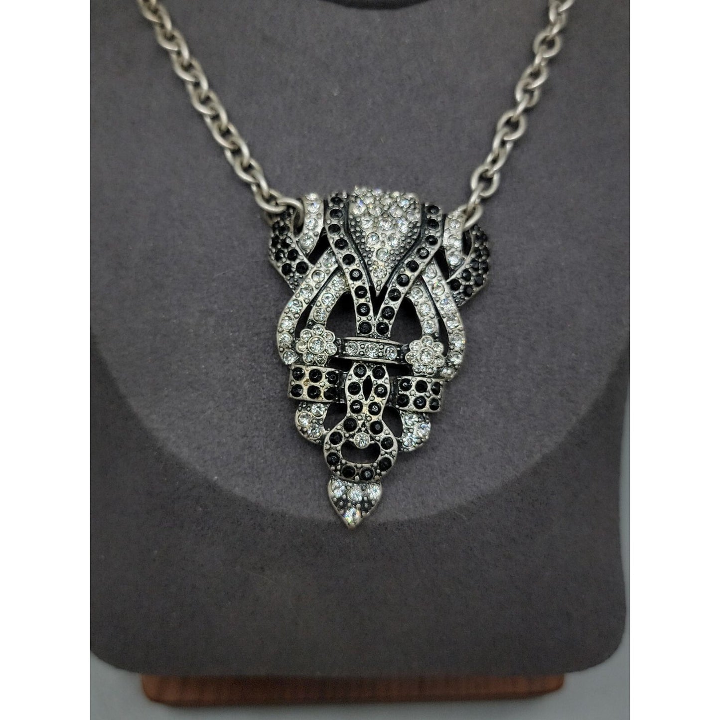 Mark. By Avon Black White Rhinestone Pendant Necklace Vintage 18" Silver Tone