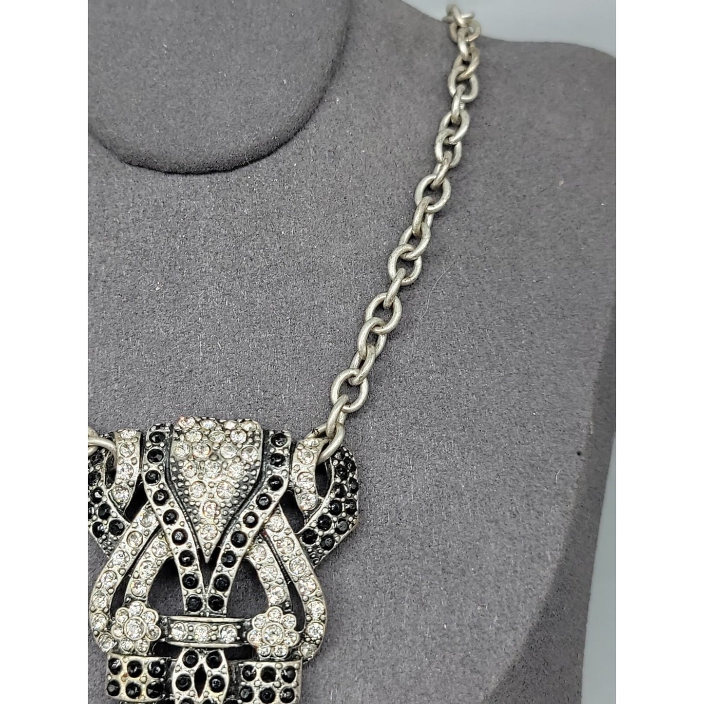 Mark. By Avon Black White Rhinestone Pendant Necklace Vintage 18" Silver Tone