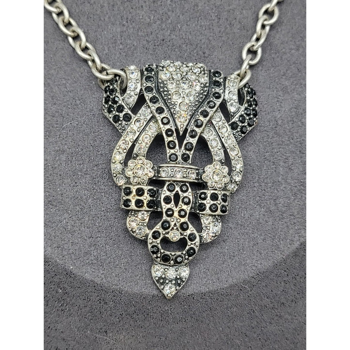 Mark. By Avon Black White Rhinestone Pendant Necklace Vintage 18" Silver Tone