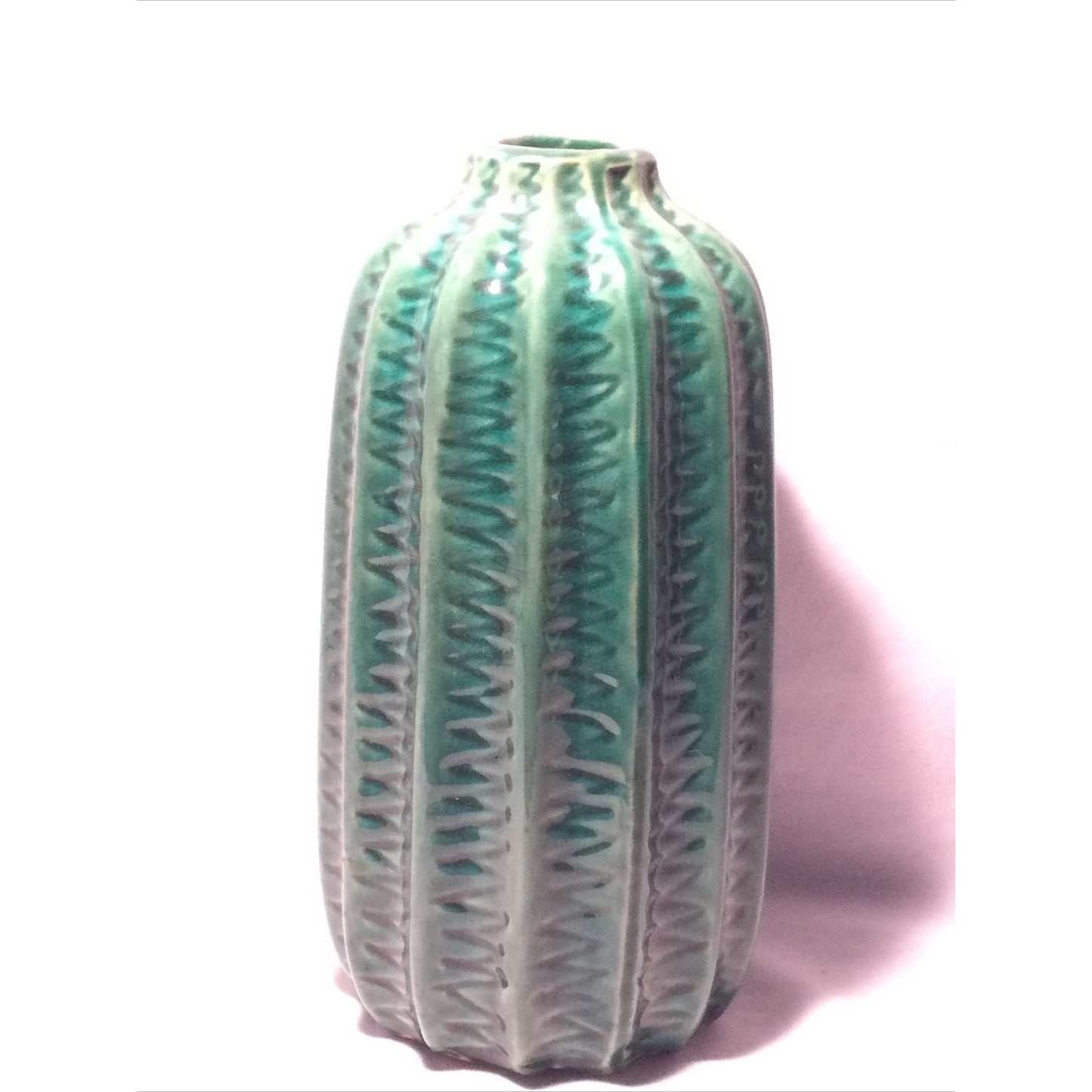 Blue Mountain Pottery Fluted Vase Drip Glazed Zig Zag Pattern Lotus Style 9"