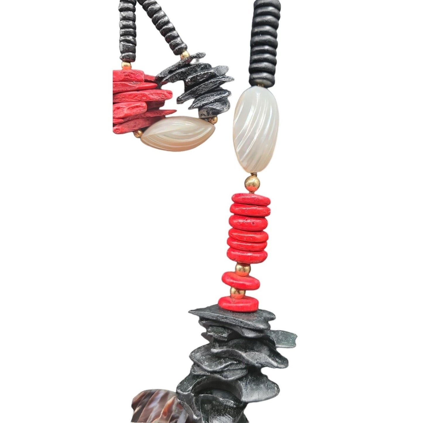 Boho Style Large Shell Pendant Necklace & Earrings Red Black Wood White Glass