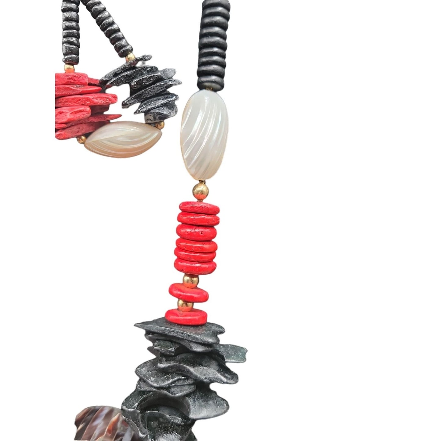 Boho Style Large Shell Pendant Necklace & Earrings Red Black Wood White Glass
