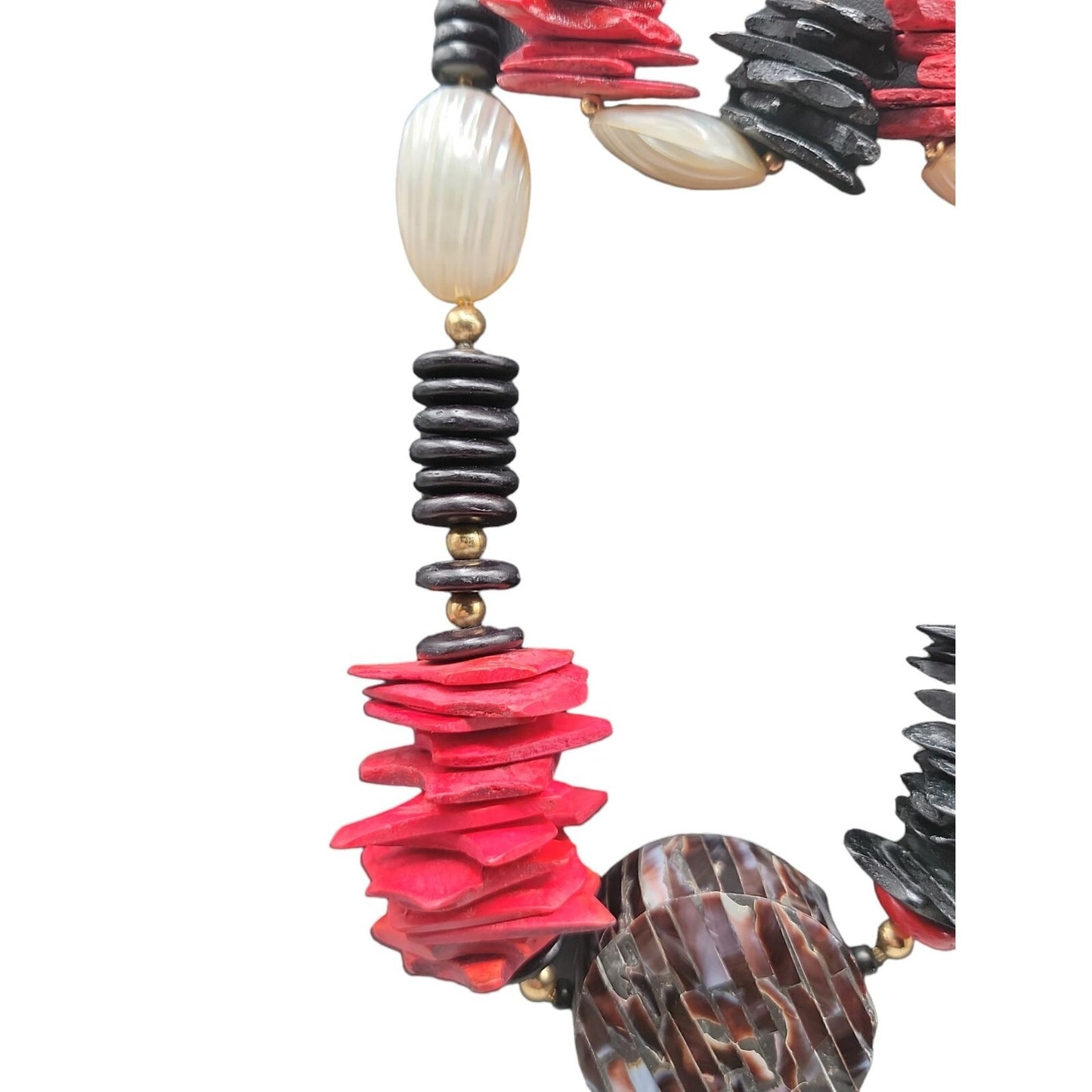 Boho Style Large Shell Pendant Necklace & Earrings Red Black Wood White Glass