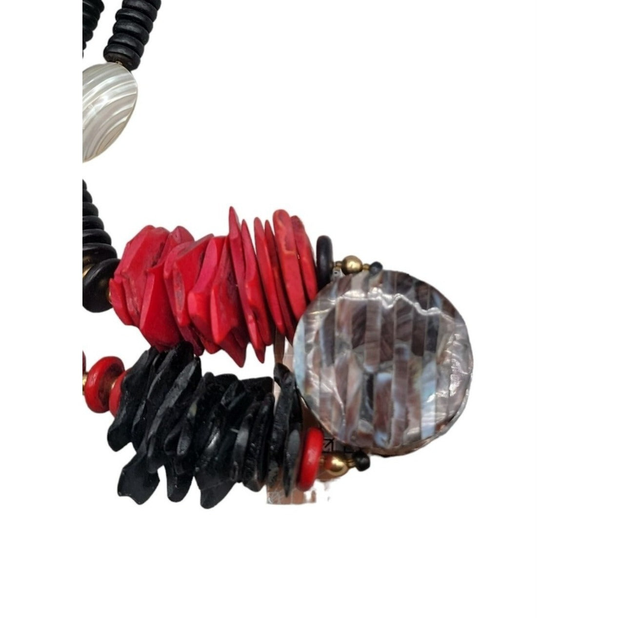 Boho Style Large Shell Pendant Necklace & Earrings Red Black Wood White Glass