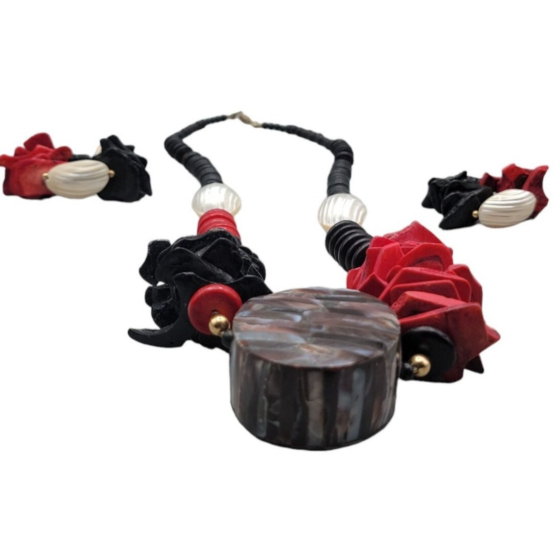 Boho Style Large Shell Pendant Necklace & Earrings Red Black Wood White Glass