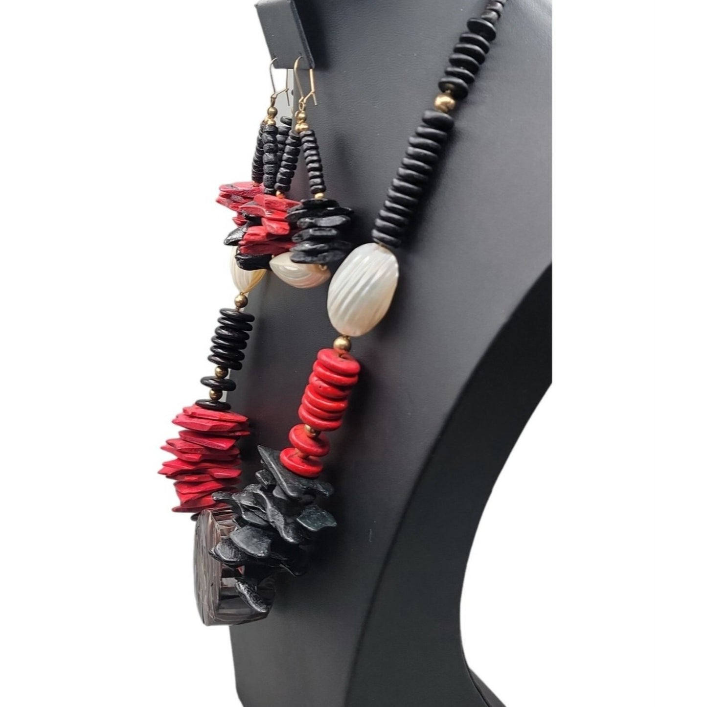 Boho Style Large Shell Pendant Necklace & Earrings Red Black Wood White Glass