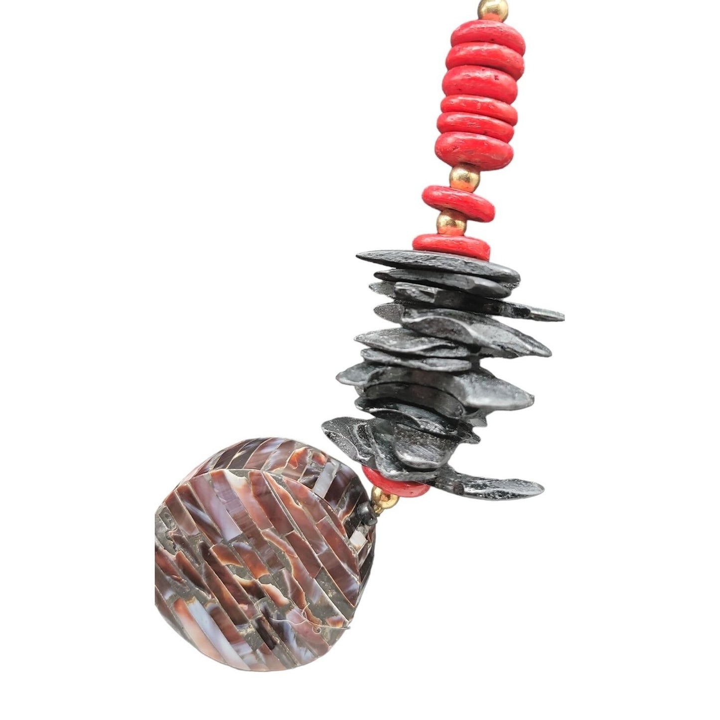 Boho Style Large Shell Pendant Necklace & Earrings Red Black Wood White Glass