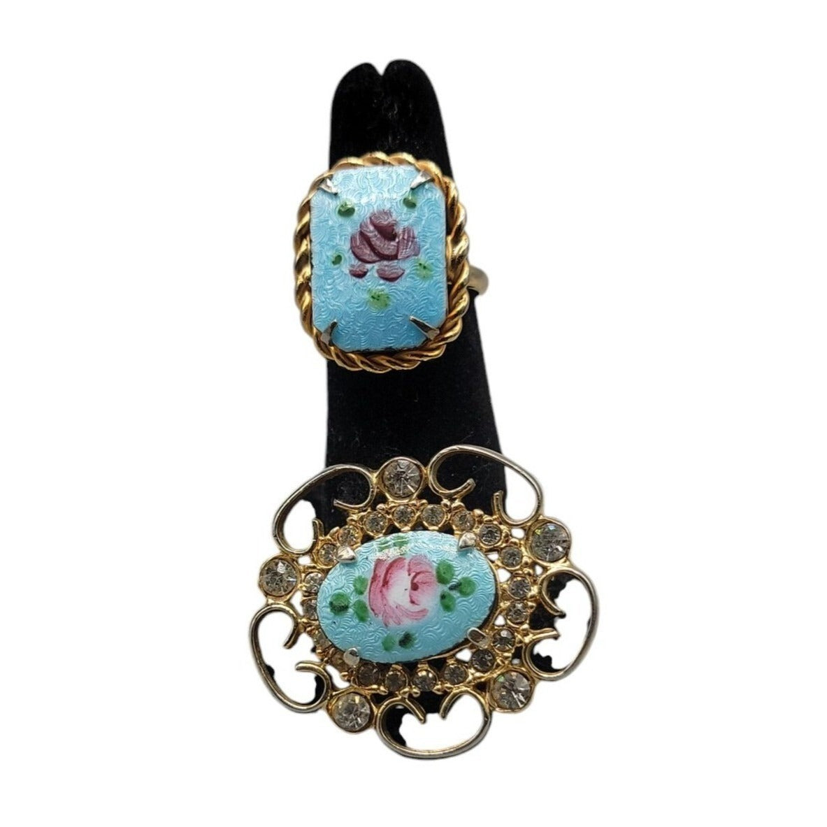 Guilloche Pink Rose Brooch & Adjustable Ring Handpainted Gold Tone