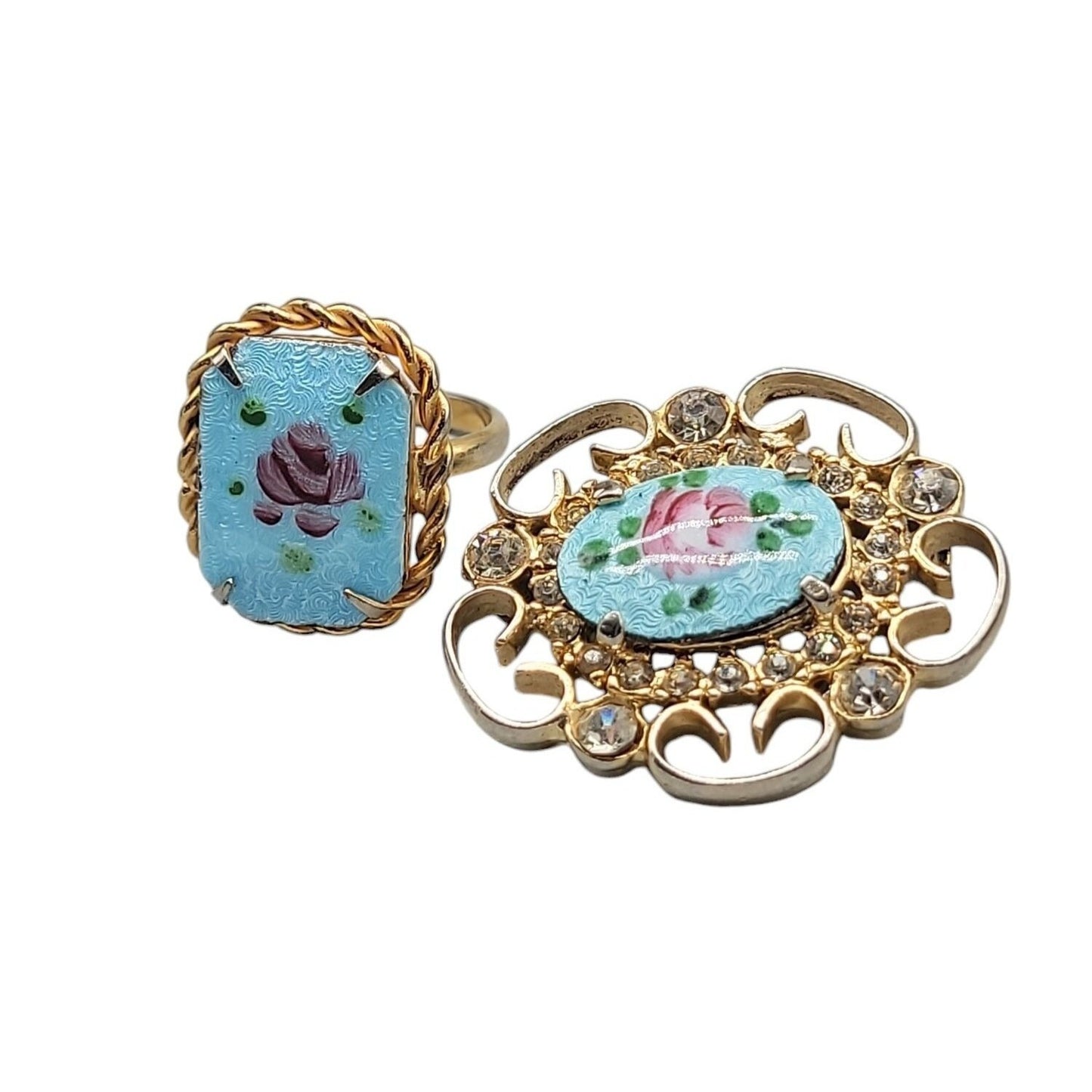 Guilloche Pink Rose Brooch & Adjustable Ring Handpainted Gold Tone