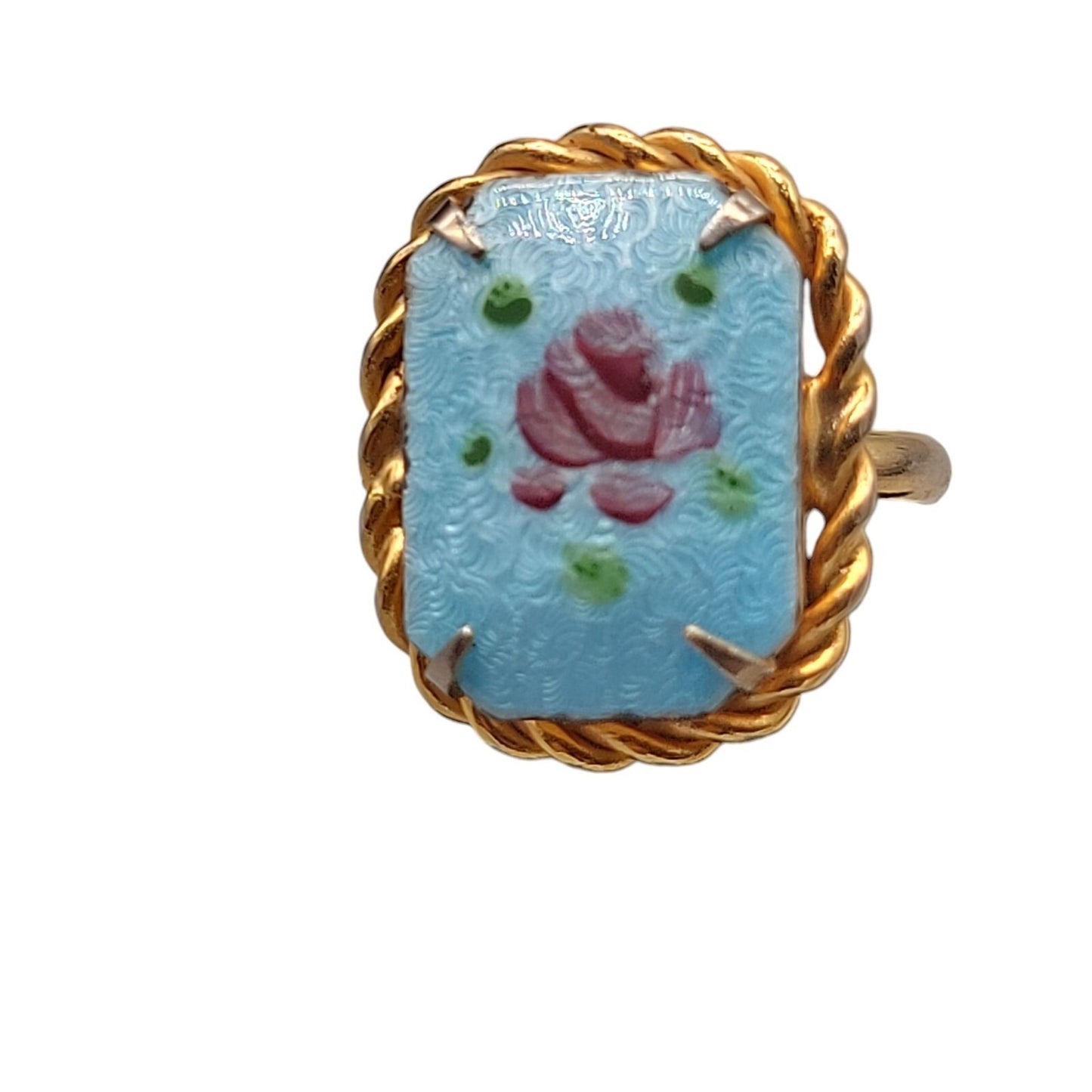 Guilloche Pink Rose Brooch & Adjustable Ring Handpainted Gold Tone