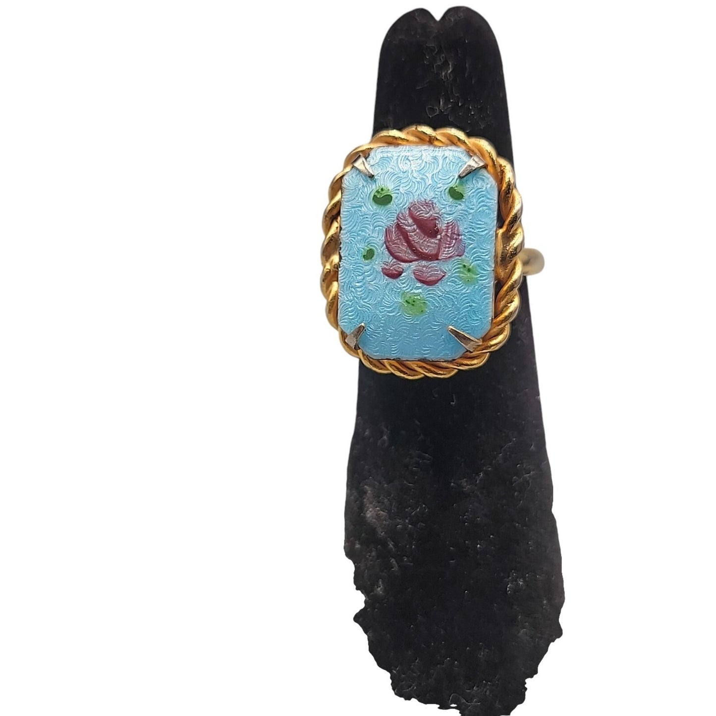 Guilloche Pink Rose Brooch & Adjustable Ring Handpainted Gold Tone