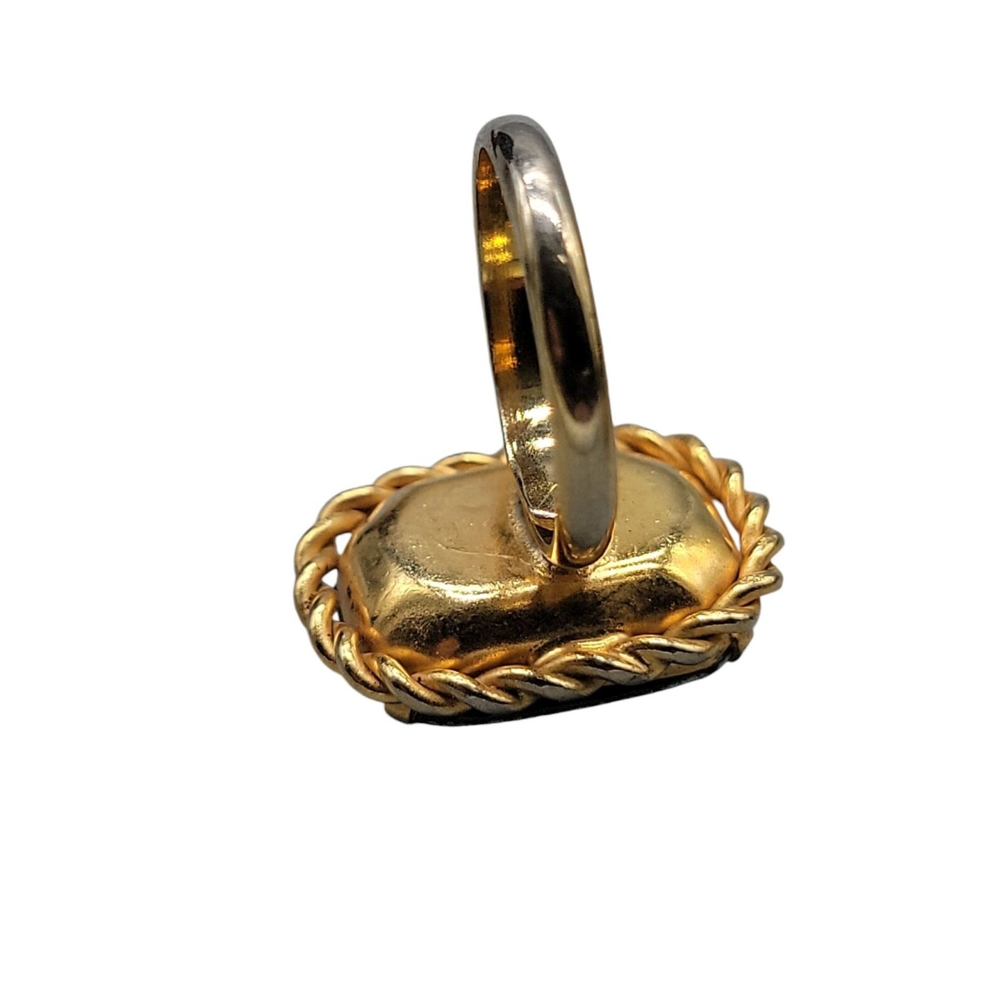 Guilloche Pink Rose Brooch & Adjustable Ring Handpainted Gold Tone