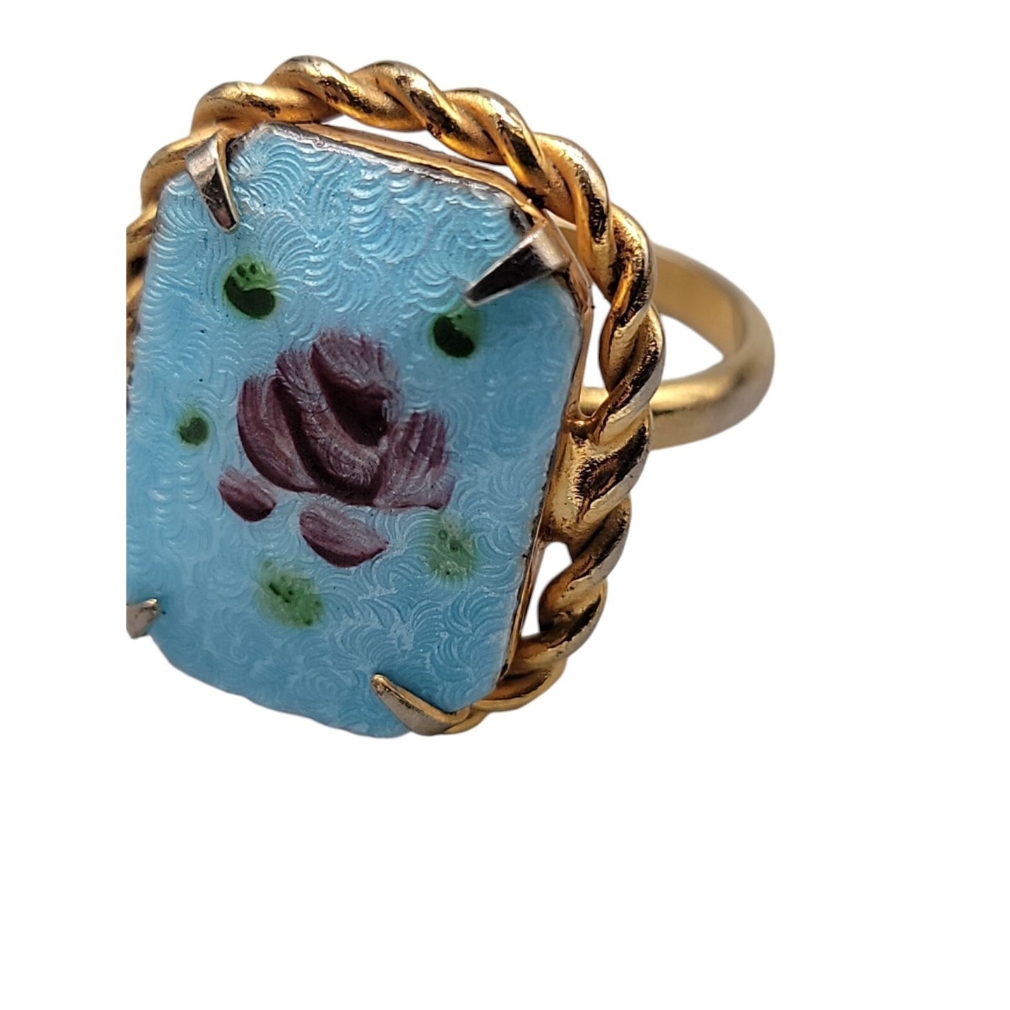 Guilloche Pink Rose Brooch & Adjustable Ring Handpainted Gold Tone