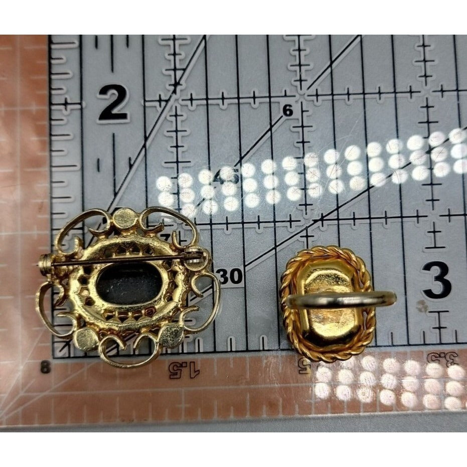 Guilloche Pink Rose Brooch & Adjustable Ring Handpainted Gold Tone