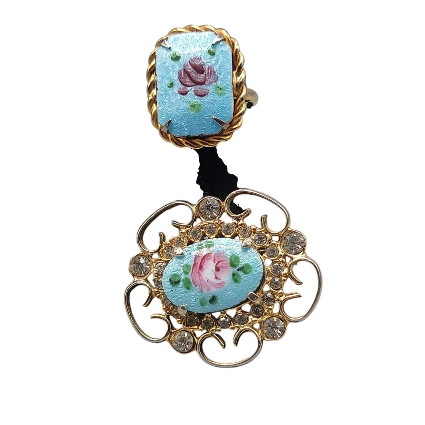 Guilloche Pink Rose Brooch & Adjustable Ring Handpainted Gold Tone