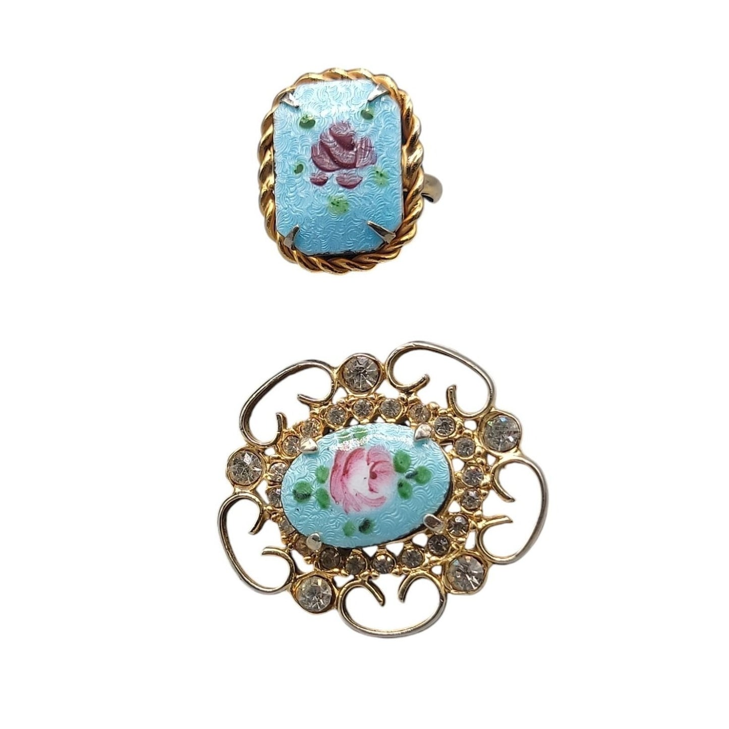 Guilloche Pink Rose Brooch & Adjustable Ring Handpainted Gold Tone