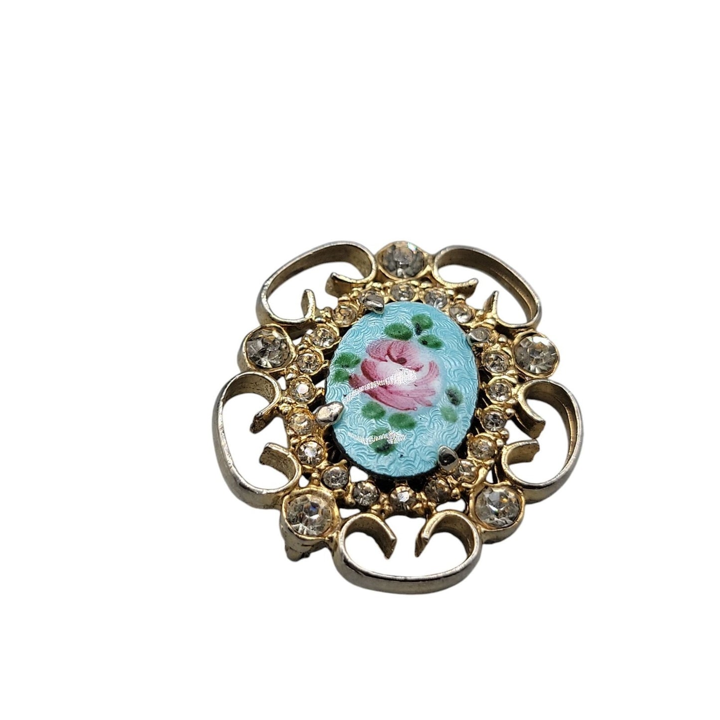 Guilloche Pink Rose Brooch & Adjustable Ring Handpainted Gold Tone