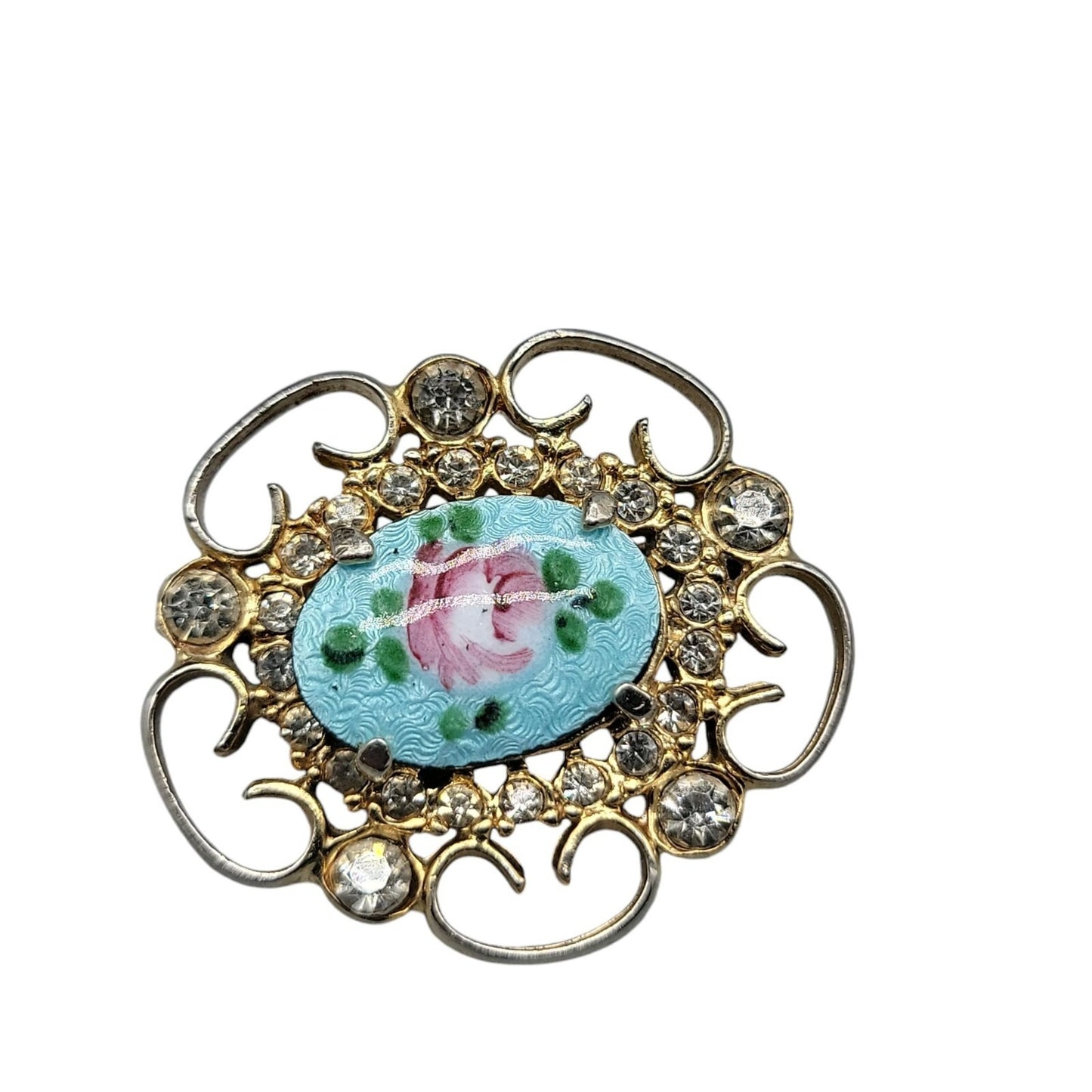 Guilloche Pink Rose Brooch & Adjustable Ring Handpainted Gold Tone