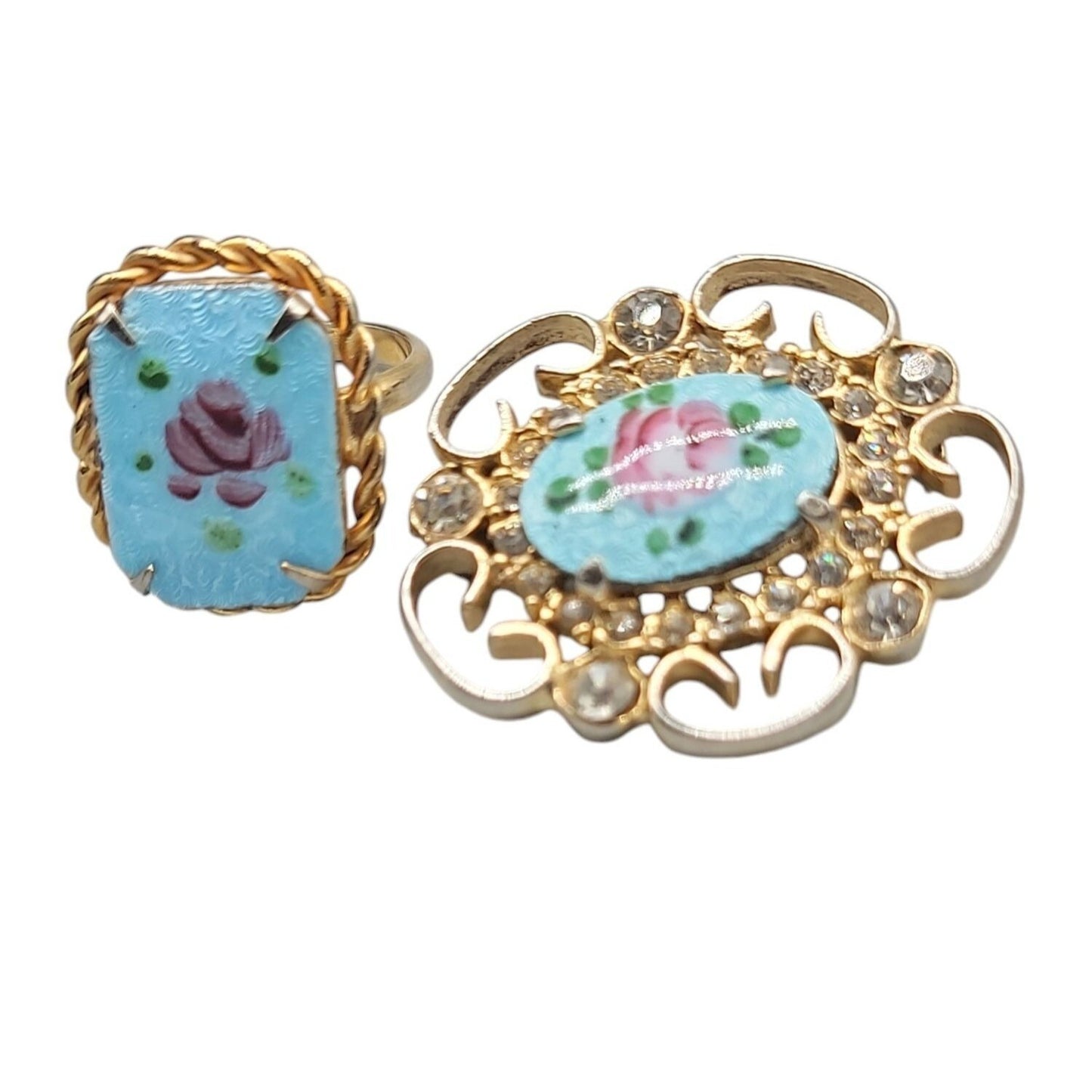 Guilloche Pink Rose Brooch & Adjustable Ring Handpainted Gold Tone