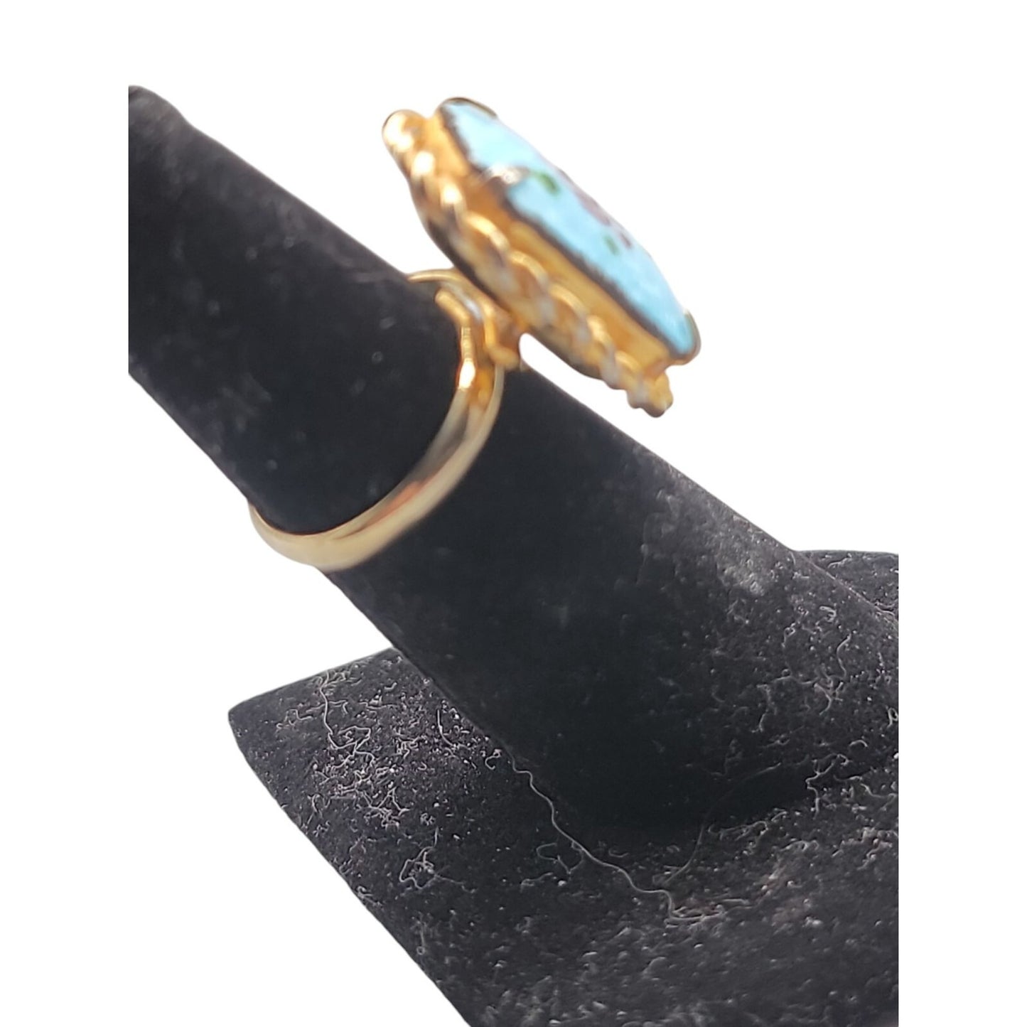 Guilloche Pink Rose Brooch & Adjustable Ring Handpainted Gold Tone