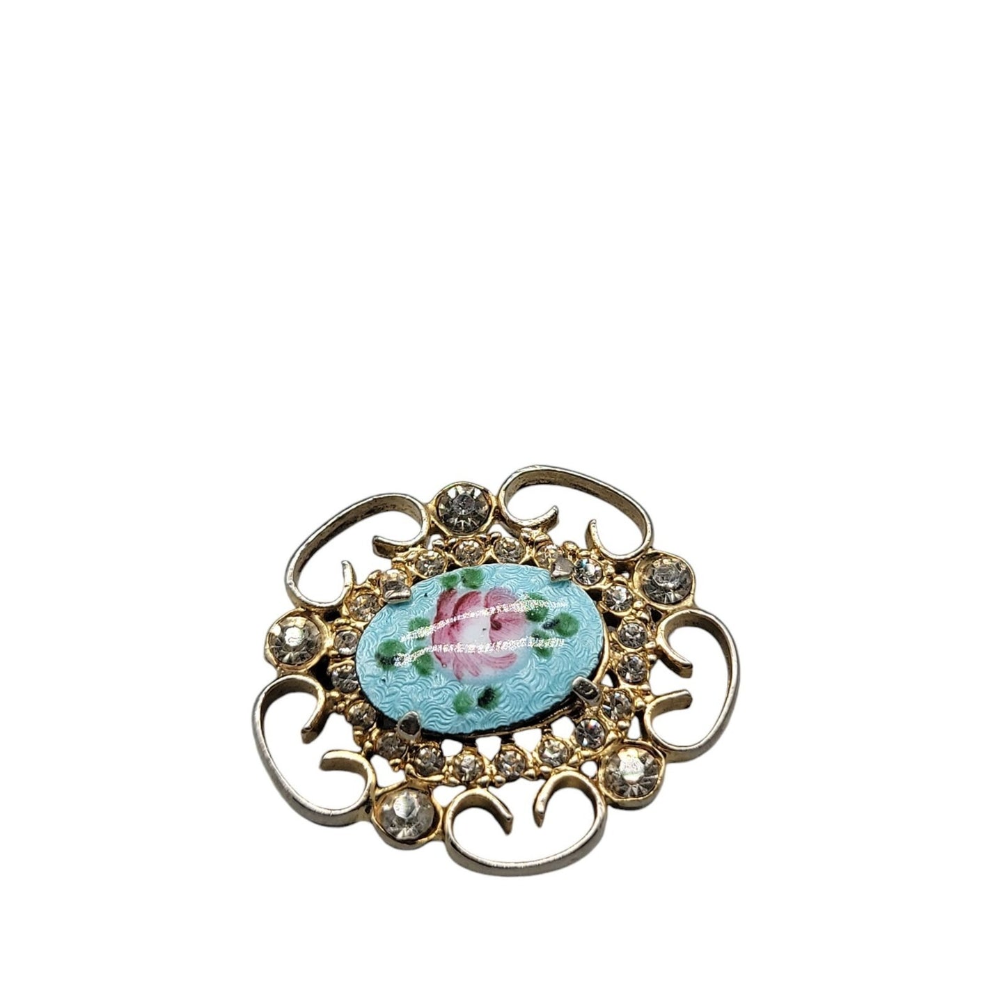 Guilloche Pink Rose Brooch & Adjustable Ring Handpainted Gold Tone