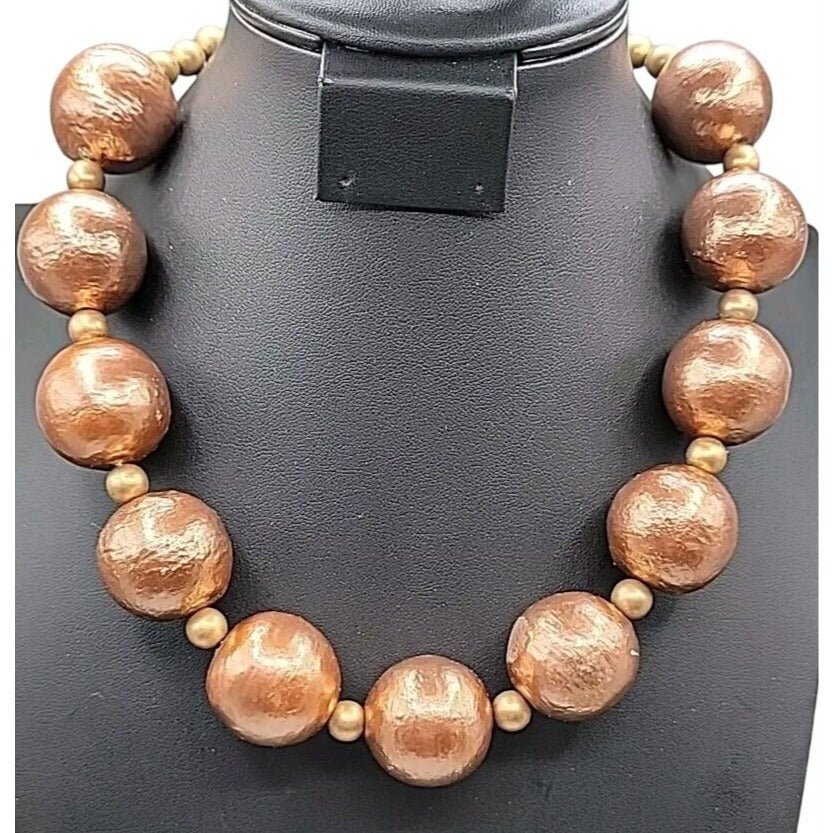 Vintage Chunky Metallic Bronze Painted Wood Ball Statement Necklace Mid Century