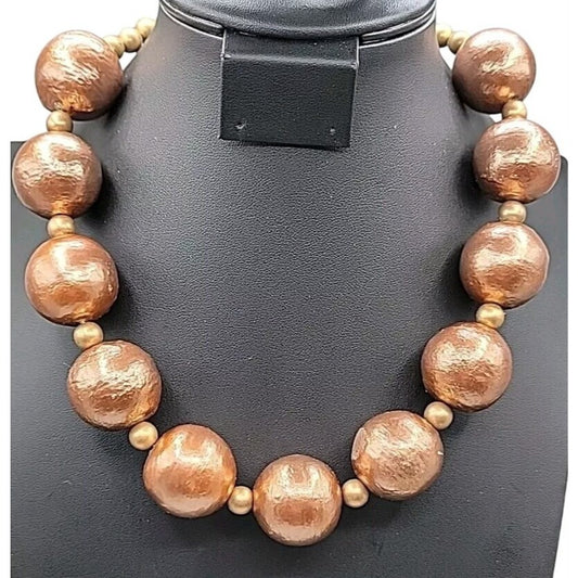 Vintage Chunky Metallic Bronze Painted Wood Ball Statement Necklace Mid Century