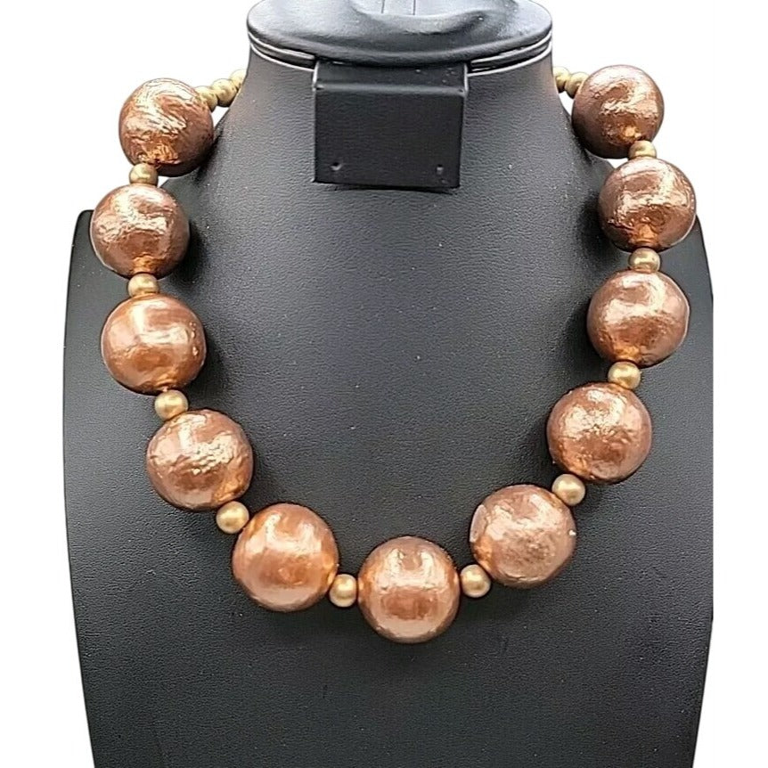 Vintage Chunky Metallic Bronze Painted Wood Ball Statement Necklace Mid Century