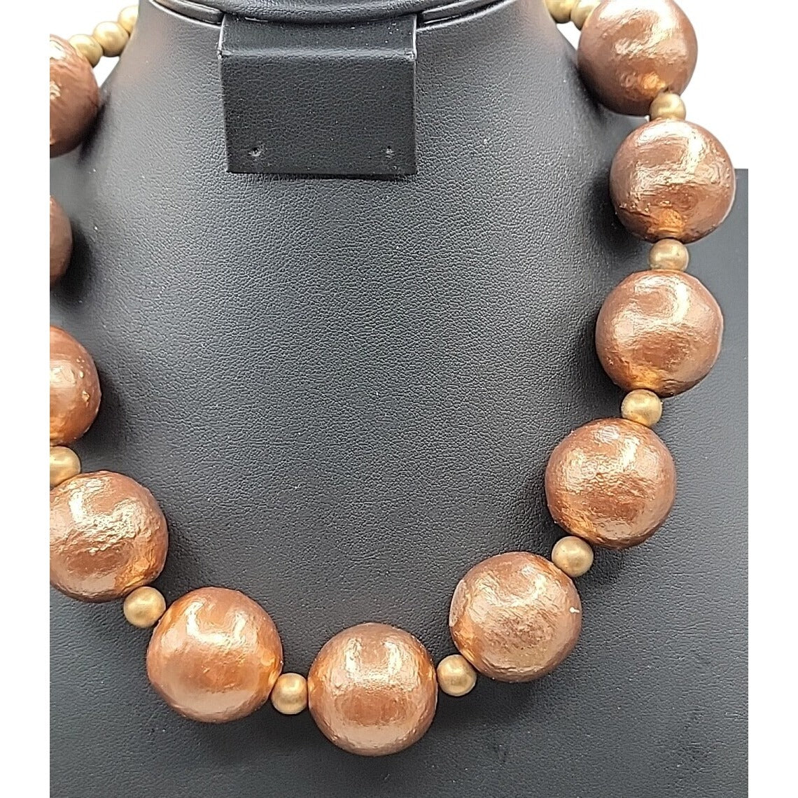 Vintage Chunky Metallic Bronze Painted Wood Ball Statement Necklace Mid Century