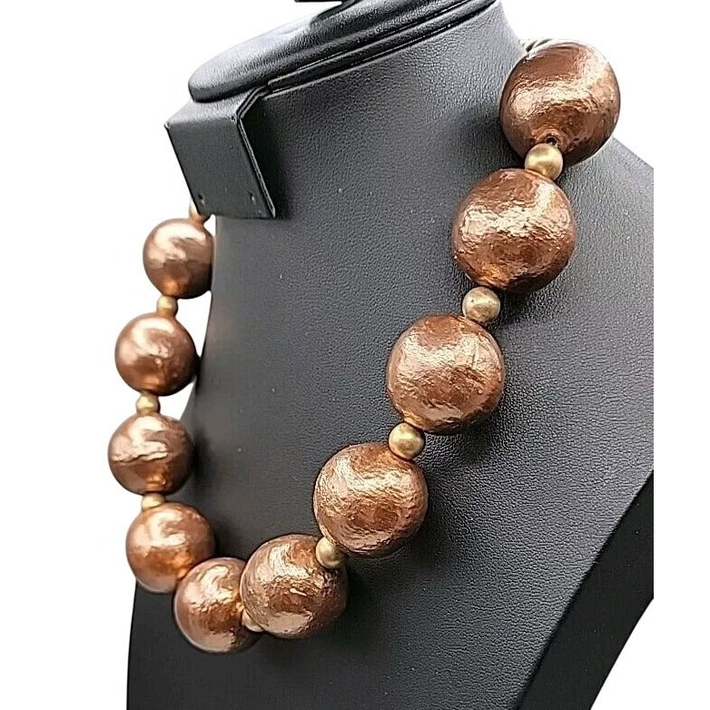 Vintage Chunky Metallic Bronze Painted Wood Ball Statement Necklace Mid Century