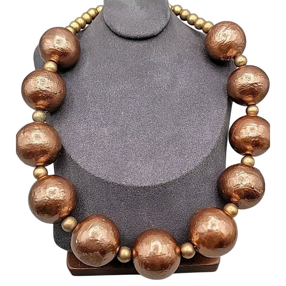 Vintage Chunky Metallic Bronze Painted Wood Ball Statement Necklace Mid Century
