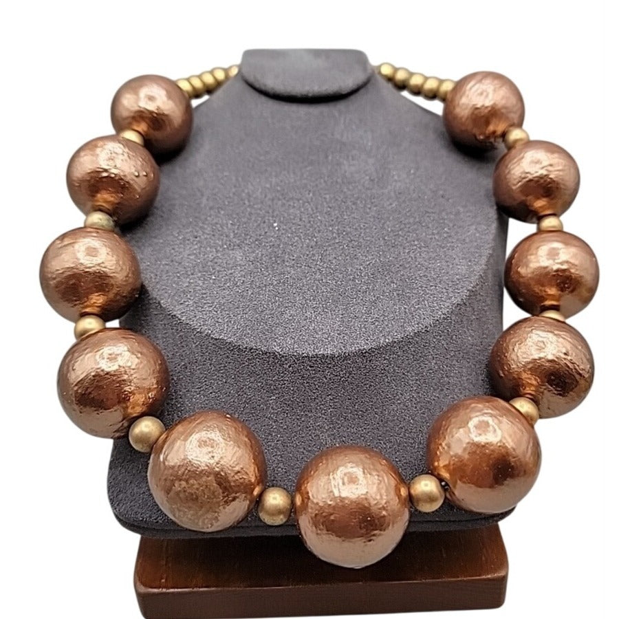 Vintage Chunky Metallic Bronze Painted Wood Ball Statement Necklace Mid Century